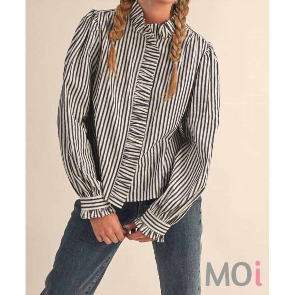NEW &MERCI striped ruffle button down shirt in black